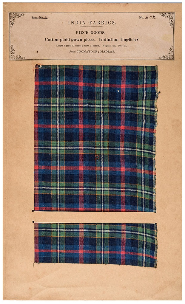 Historical Madras textile catalogue plate showing cotton plaid fabric from Coonatoor, Madras, c. 1866